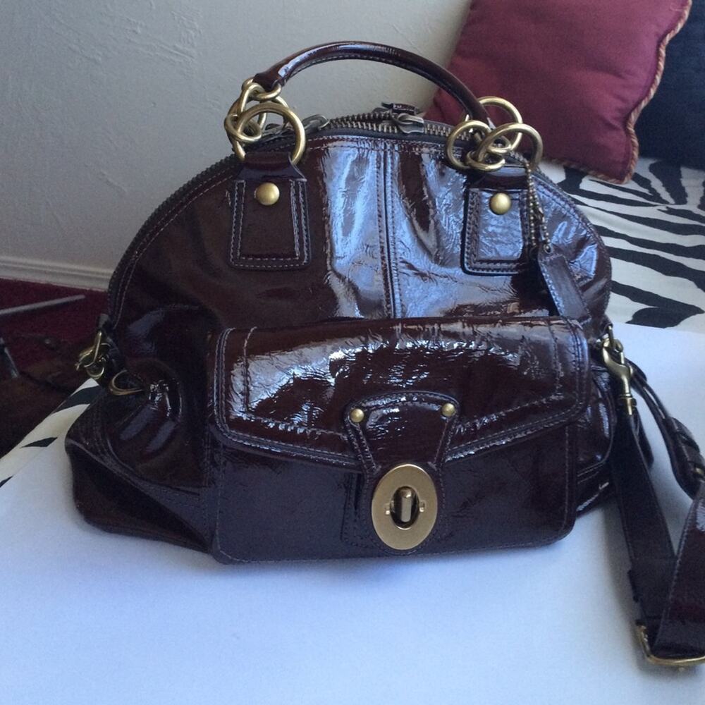 Coach Francine Chocolate Brown Patent Leather Shoulder Bag Rare Legacy